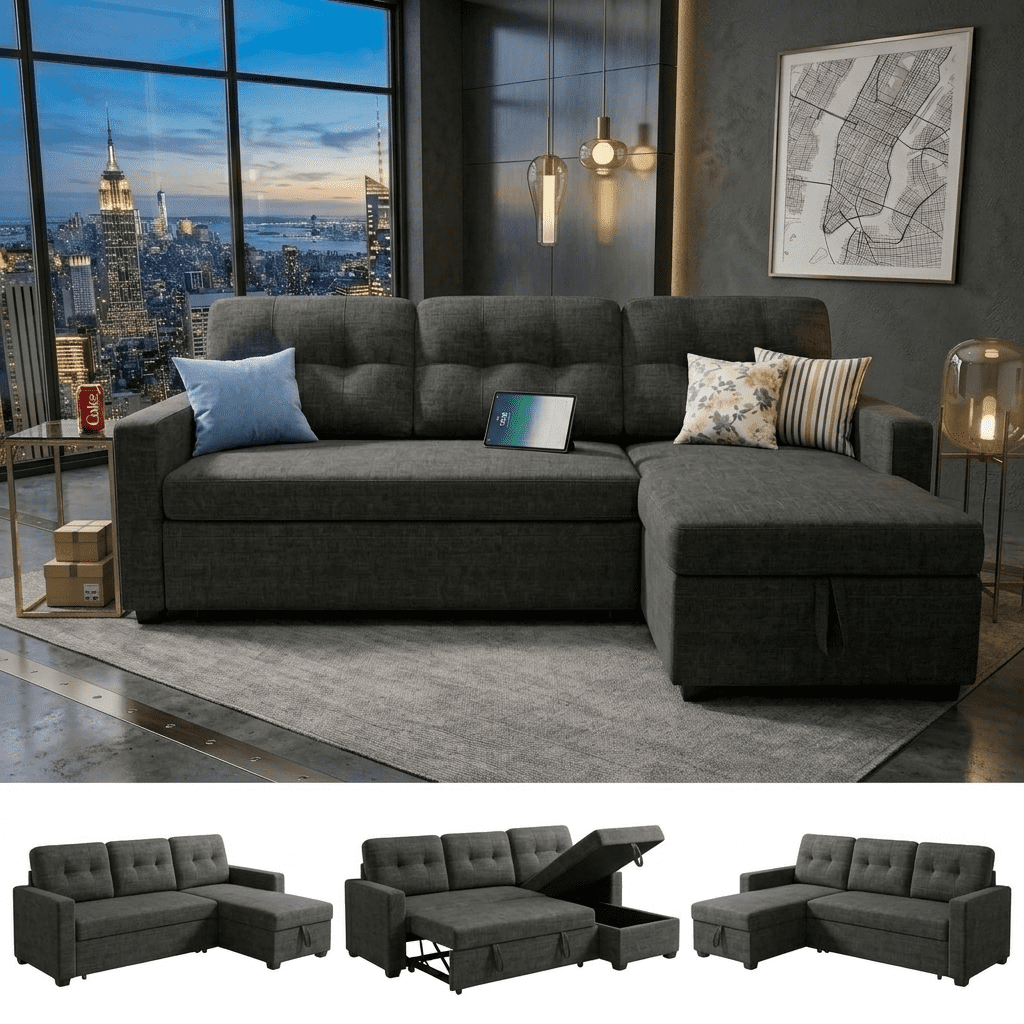 Howcool 82" Sectional Sofa Bed, L-Shaped Sleeper Pull Out Couch with Storage Chaise & USB Charging Ports, Linen Fabric for Small Apartment Living Room,Dark Grey(Thick Sponge)