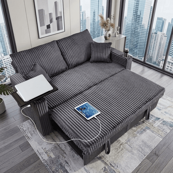 Howcool 65" 3-in-1 Convertible Sleeper Sofa Bed, Corduroy Pull Out Loveseat Futon Couch with Cup Holders & USB Charging Ports for Living Room Apartment, Dark Grey