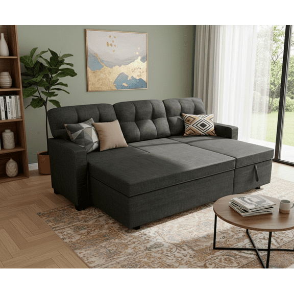 Howcool 82" Convertible Sofa Bed Couch, L-Shaped Sleeper with Pull-Out Bed, Reversible Storage Chaise, Linen Fabric & USB Charging for Living Room,Dark Grey