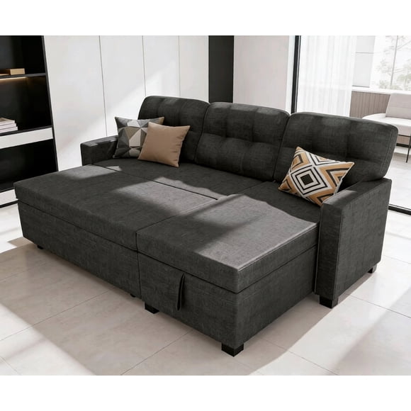 Howcool 82" Reversible Sectional Sofa Bed, L-Shaped Pull Out Couch Sleeper Bed with Storage Chaise, Removable Backrest Linen Sofa for Small Living Room & Apartment,Dark Grey