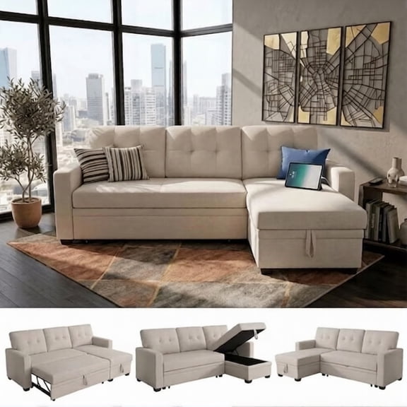 Howcool 82" Sectional Sofa Bed, L-Shaped Sleeper Pull Out Couch with Storage Chaise & USB Charging Ports, Linen Fabric for Small Apartment Living Room,Beige(Thick Sponge)