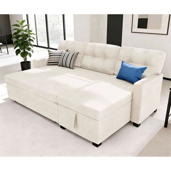 Howcool 82" Reversible Sectional Sofa Couch, L-Shaped Pull Out Couch Sleeper Bed with Storage Chaise, Removable Backrest Linen Sofa for Small Living Room & Apartment,Beige