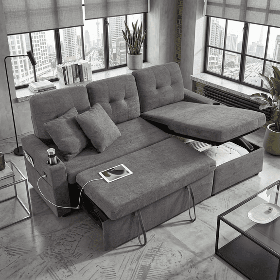 Howcool 82" Reversible Sectional Sofa Bed, L-Shaped Pull Out Couch Sleeper Bed with Storage Chaise, Removable Backrest Linen Sofa for Small Living Room & Apartment,Light Grey(Thick Sponge)