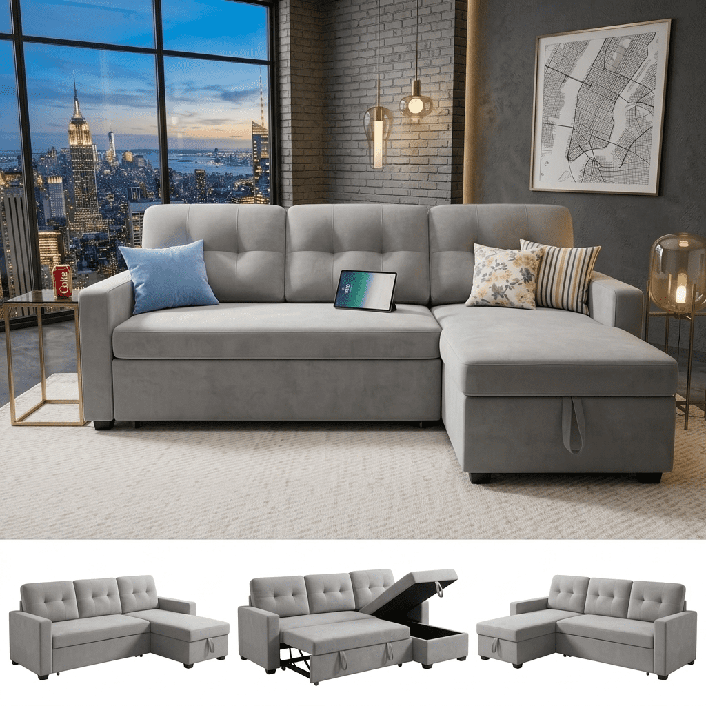 Howcool 82" Sectional Sofa Bed, L-Shaped Sleeper Pull Out Couch with Storage Chaise & USB Charging Ports, Linen Fabric for Small Apartment Living Room, Light Grey(Thick Sponge)