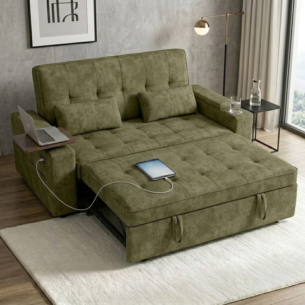 Howcool 65" Sleeper Sofa Bed, 3-in-1 Convertible Pull Out Couch Bed with Tray Table & Cup Holders, Chenille Loveseat Sofa with Adjustable Backrest for Living Room, Apartment(Green)