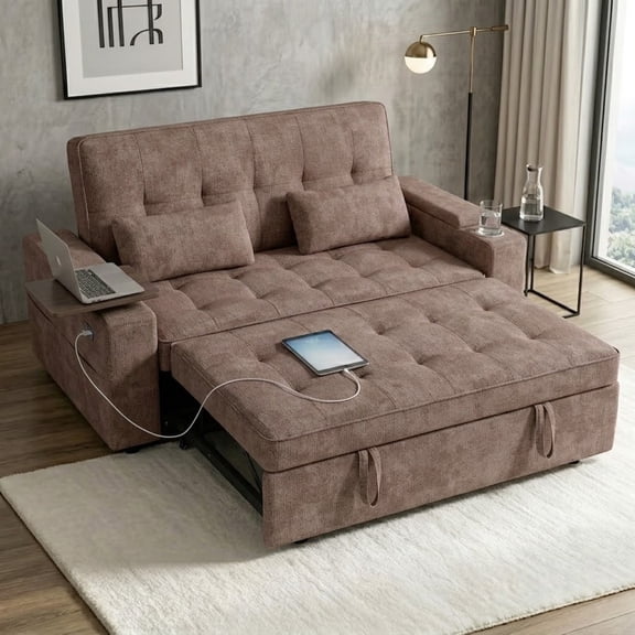 Howcool 65" Sleeper Sofa Bed, 3-in-1 Convertible Pull Out Couch Bed with Tray Table & Cup Holders, Chenille Loveseat Sofa with Adjustable Backrest for Living Room, Apartment(Brown)