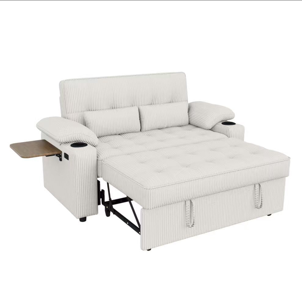 Howcool 58" Sleeper Sofa Bed, Convertible Pull Out Couch Bed Corduroy Loveseat with Adjustable Backrest, USB Charging Ports, Cup Holders & Foldable Side Table for Living Room Apartment,Beige