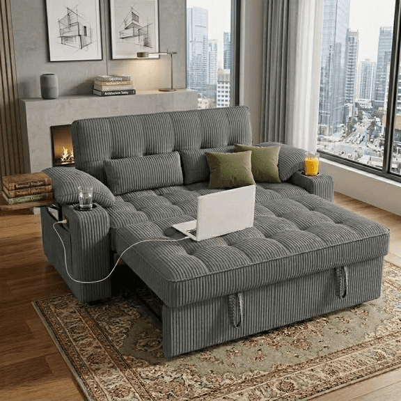 Howcool 58" Sleeper Sofa Bed, Convertible Pull Out Couch Bed Corduroy Loveseat with Adjustable Backrest, USB Charging Ports, Cup Holders & Foldable Side Table for Living Room Apartment,Dark Grey
