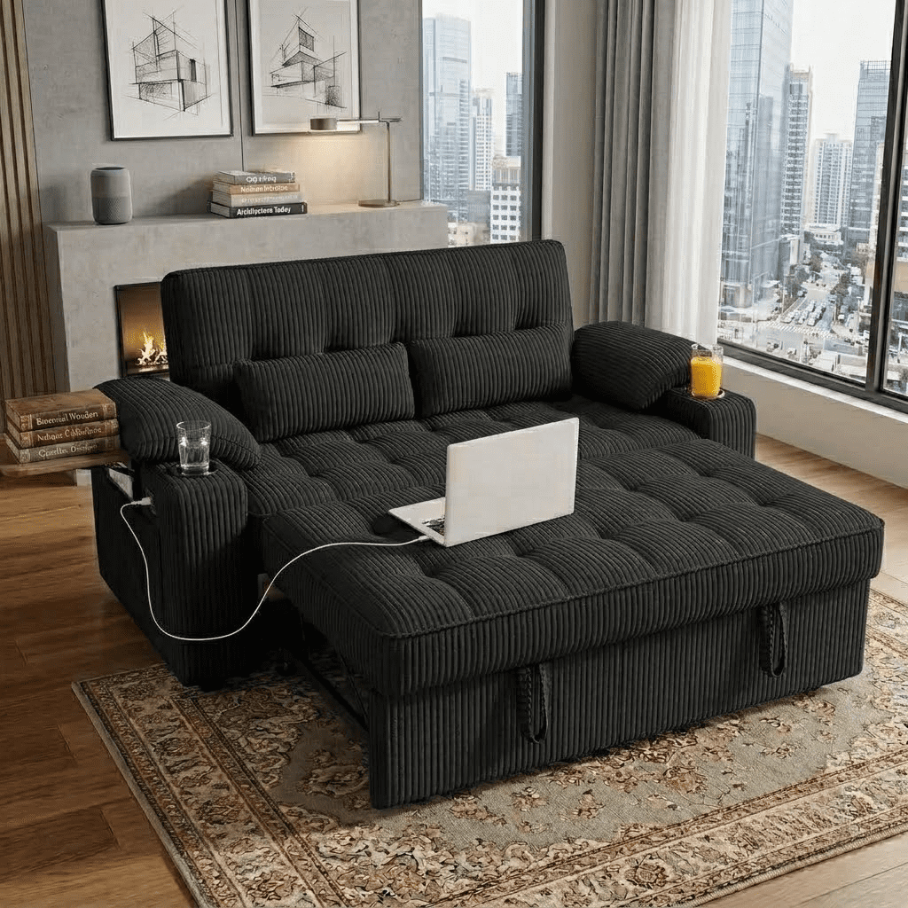 58" Sleeper Sofa Bed, Convertible Pull Out Couch Bed Corduroy Loveseat with Adjustable Backrest, USB Charging Ports, Cup Holders & Foldable Side Table for Living Room Apartment,Black