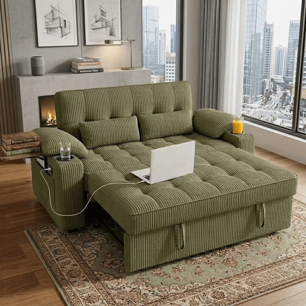 58" Sleeper Sofa Bed, Convertible Pull Out Couch Bed Corduroy Loveseat with Adjustable Backrest, USB Charging Ports, Cup Holders & Foldable Side Table for Living Room Apartment,Green