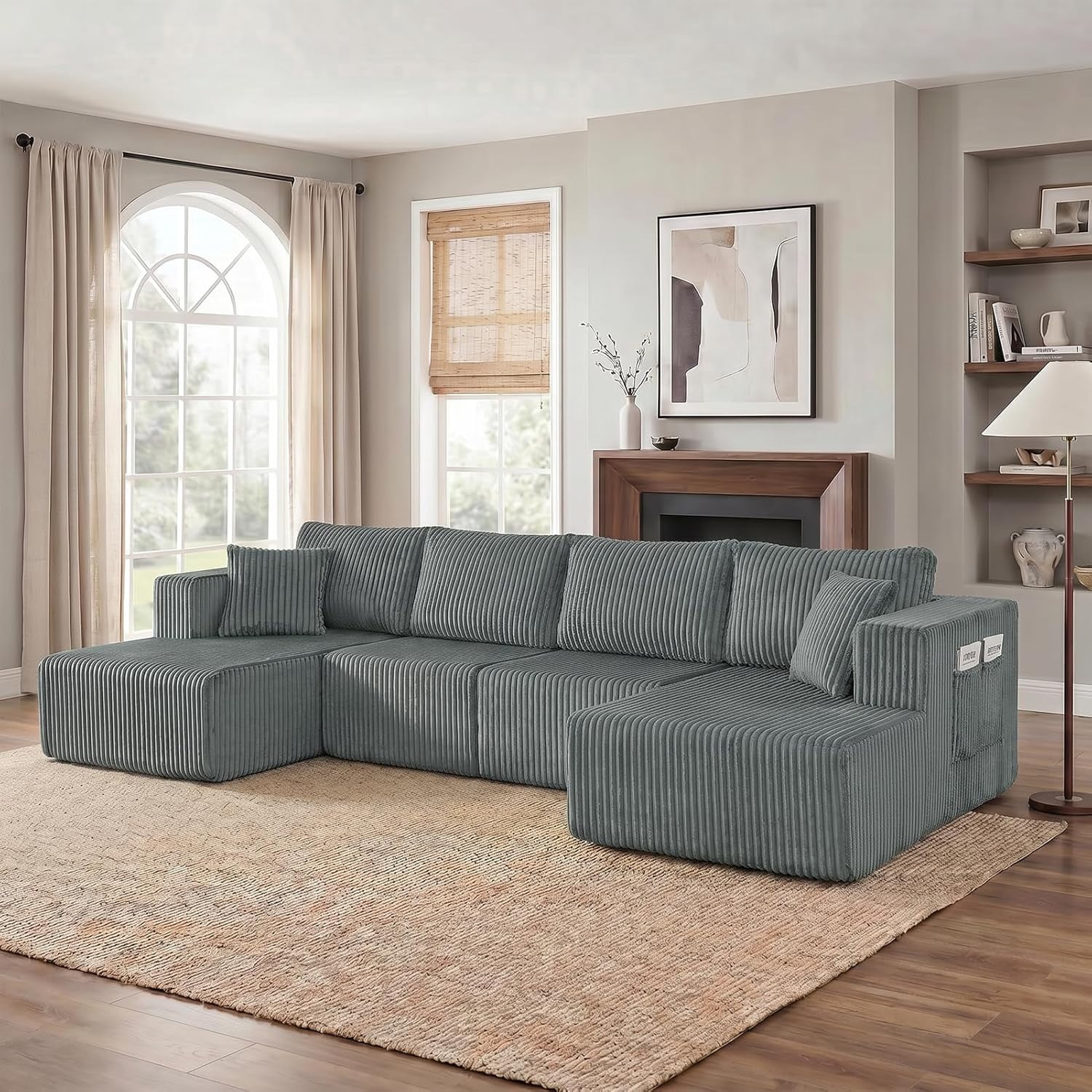 Howcool 132" Boneless Cloud Sectional Couches for Living Room, U Shaped Couch with Deep Seat Chaise, High Density Foam Compression Sofa, Modular Corduroy Sleeper Sofa Bed,No Assembly,Grey