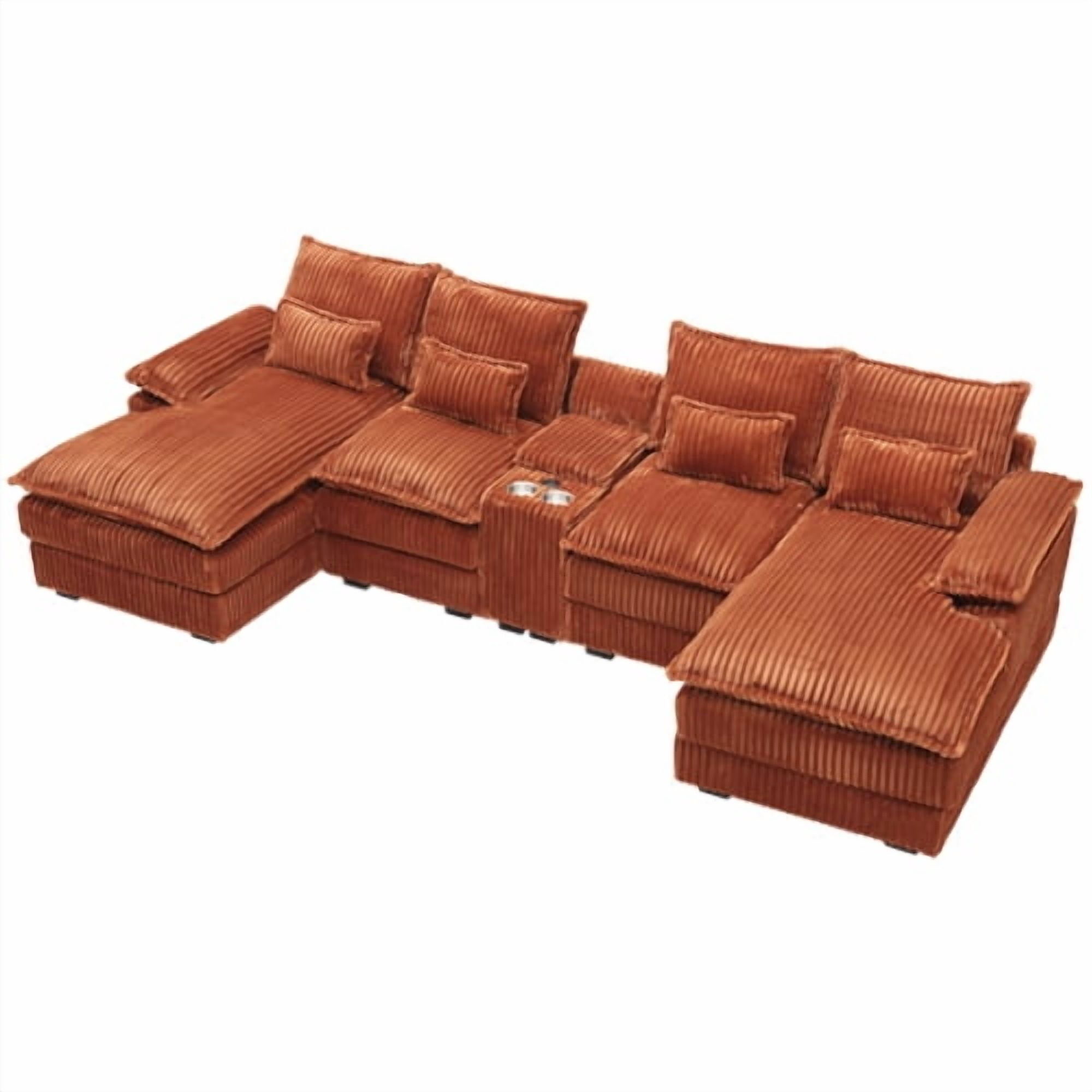 Howcool 124" U Shaped Cloud Couch Modular Sectional Couches for Living Room, Comfy Fluffy Corduroy Oversized Cloud Sectional Couch Large 6 Seat Sectionals Sofa Set Central Console USB Port,Orange