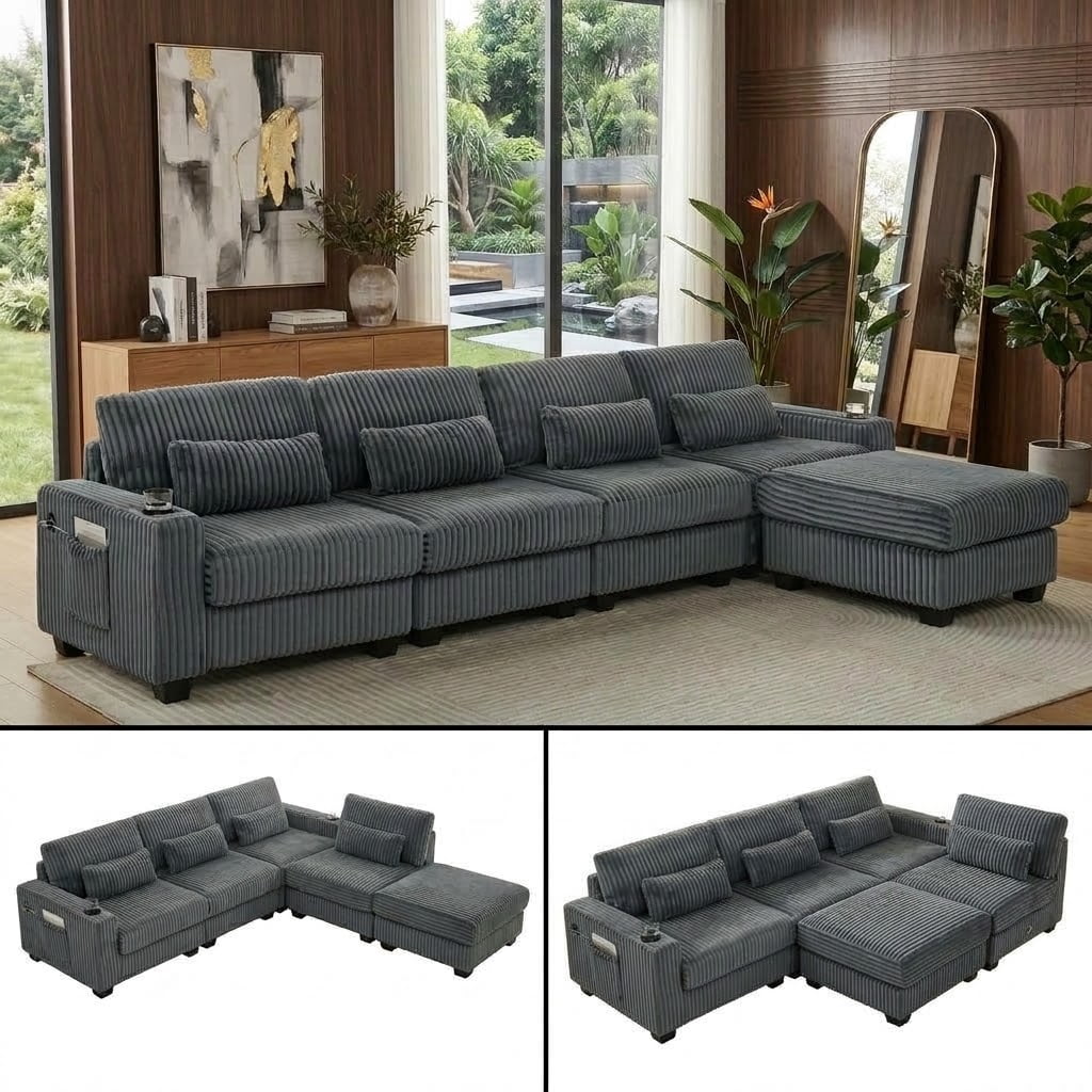 Howcool 125" L-Shaped Sectional Sofa, 5 Seat Deep Seat Corduroy Couch with Movable Ottoman, Modular Cloud Couch with Cup Holders & Lumbar Pillows for Living Room, Grey