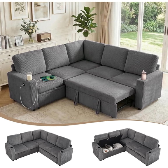 Howcool Modular Sleeper Sectional Sofa with Pull Out Bed, 5-Seat L-Shaped Cloud Couch with Storage Chaise, USB Ports & Cup Holders, 83" Corduroy Convertible Sectional Couch for Living Room,Grey