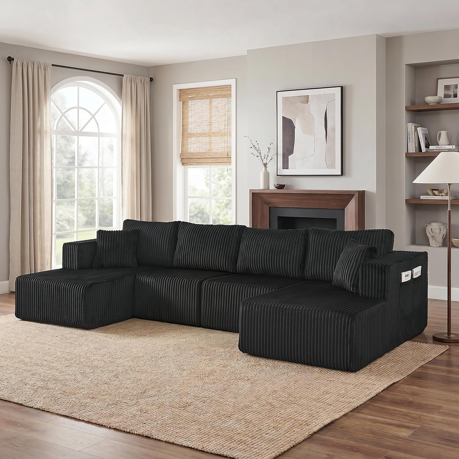 Howcool 132" Boneless Cloud Sectional Couches for Living Room, U Shaped Couch with Deep Seat Chaise, High Density Foam Compression Sofa, Modular Corduroy Sleeper Sofa Bed,No Assembly,Black