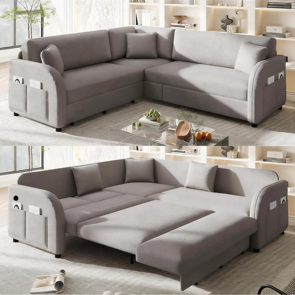 Howcool 85.1" L-Shaped Sectional Sleeper Sofa, 5-Seat Pull Out Couch Bed with USB Ports & Side Pockets, Teddy Fabric Convertible Sofa for Living Room, Light Grey