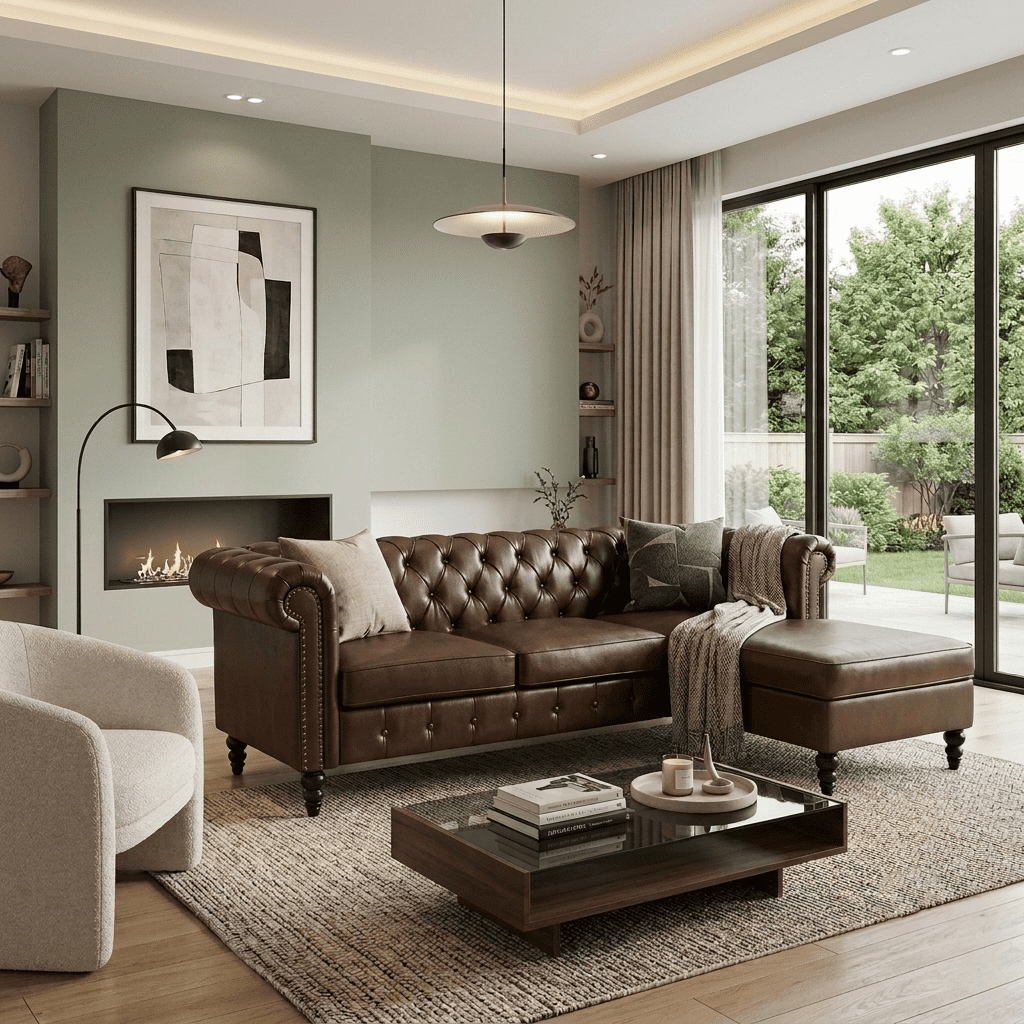 Howcool 85"W Chesterfield Sectional Sofa with Storage Ottoman,L-Shaped Faux Leather Sofa Couch,4-Seater Modular Sofa with Tufted Back & Nailhead Trim for Living Room,Brown