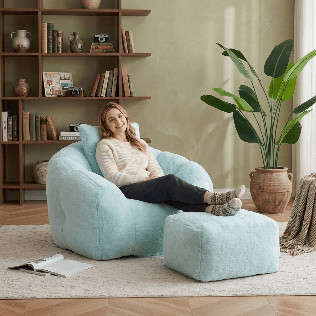 Giant Bean Bag Chair with Footstool for Adults and Kids, Faux Fur Upholstered Beanbag Chair with Shell-Shaped Design, Comfy Bean Bag Sofa with Pillow and Footstool, Floor Sofa Chair for Bedroom,Blue