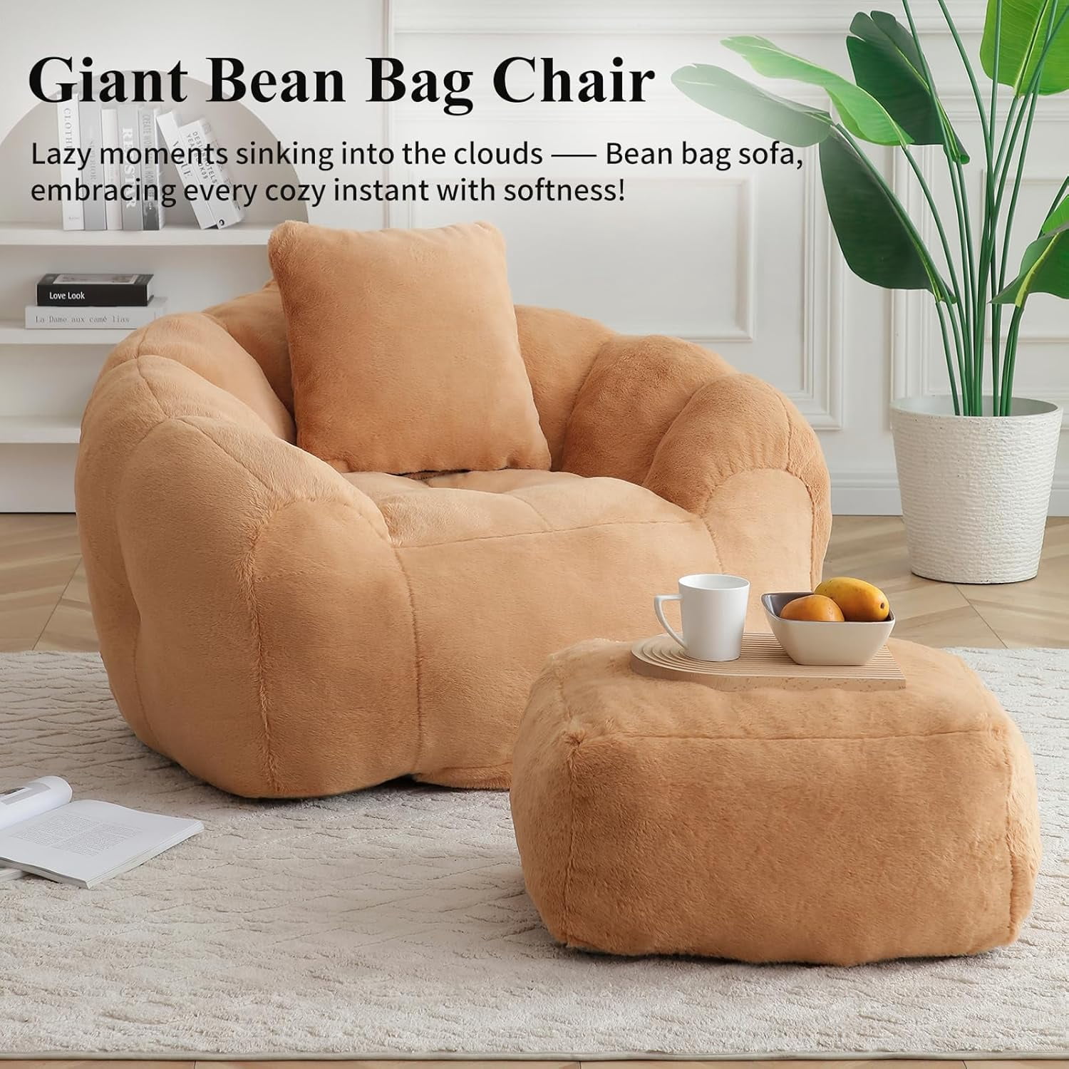 Howcool Giant Oversized Bean Bag Chair with Footstool,45.4" Faux Fur Shell-Shaped Lounge Chair,Pre-Filled Foam Floor Sofa for Adults & Kids, Comfy Gaming Reading Chair for Living Room Bedroom, Khaki
