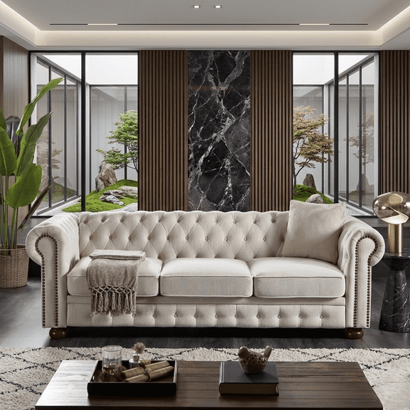 Howcool 89" Chesterfield Sofa, Mid-Century Modern 3 Seater Faux Leather Couch with Low Back, Rolled Arms & Nailhead Trim for Living Room or Office,Beige