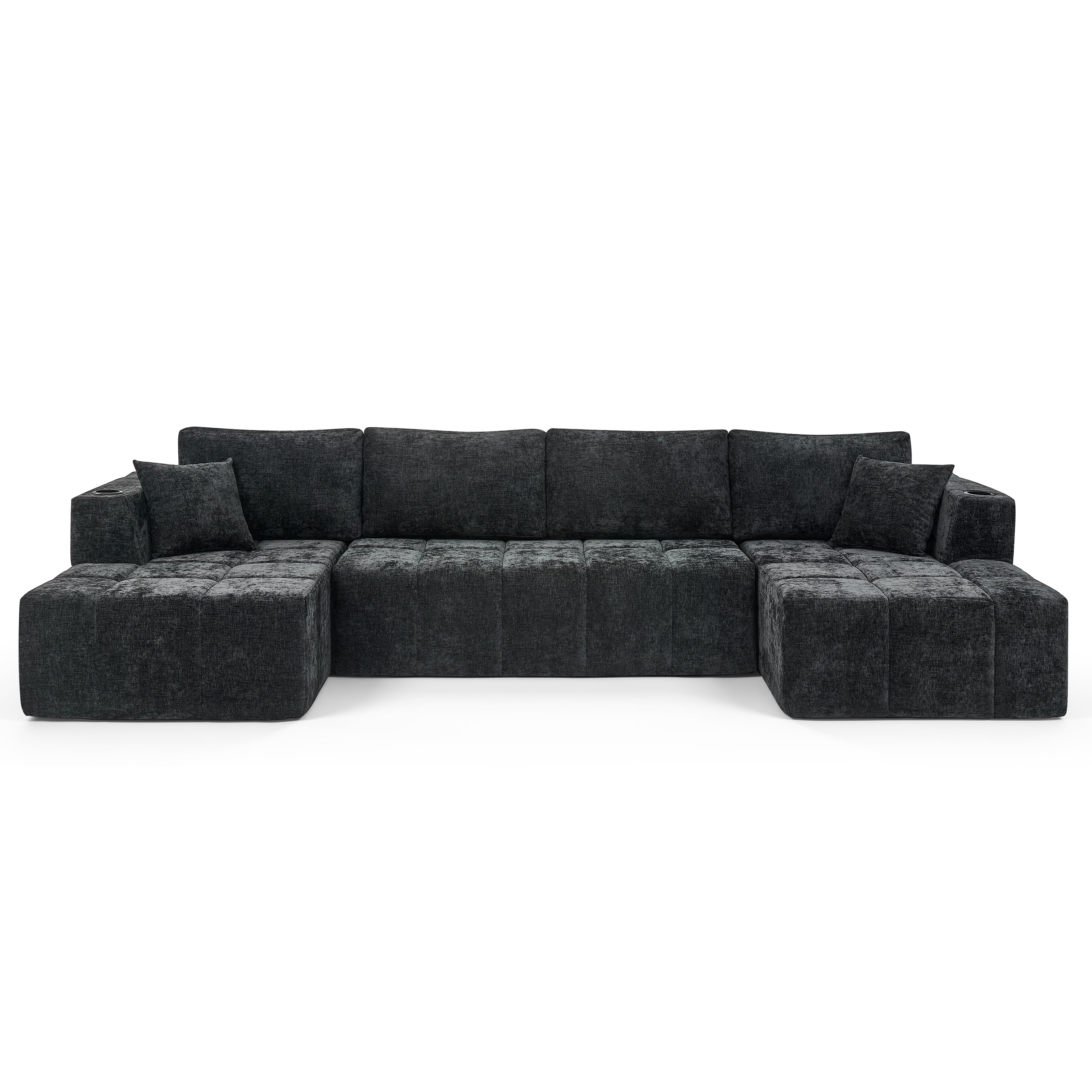 Howcool 132" U-Shaped Modular Cloud Couch, Oversized Deep Seat Chenille Sectional Sofa with Double Chaise, Boneless Comfy Couch with Cup Holders & Side Pockets, No Assembly Required, Black