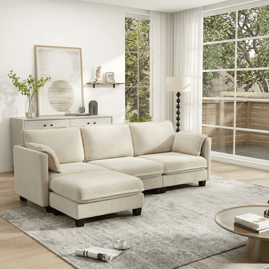 Howcool Cloud Couch Modular Sectional Sofa 3 Seat 93" L Shaped Convertible Couch Chenille Thick Cushion with Ottoman, Removable & Washable Cover for Living Room,Beige