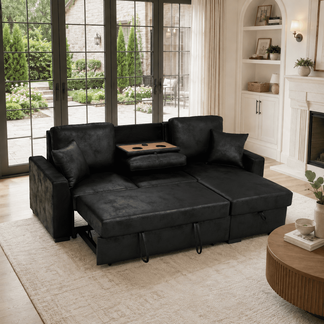 Howcool 94" Upholstered Sectional Sofa with Pull-Out Bed and Storage Chaise,Textured Fabric Sleeper Couch with USB Charger & Cup Holders for Living Room,Black