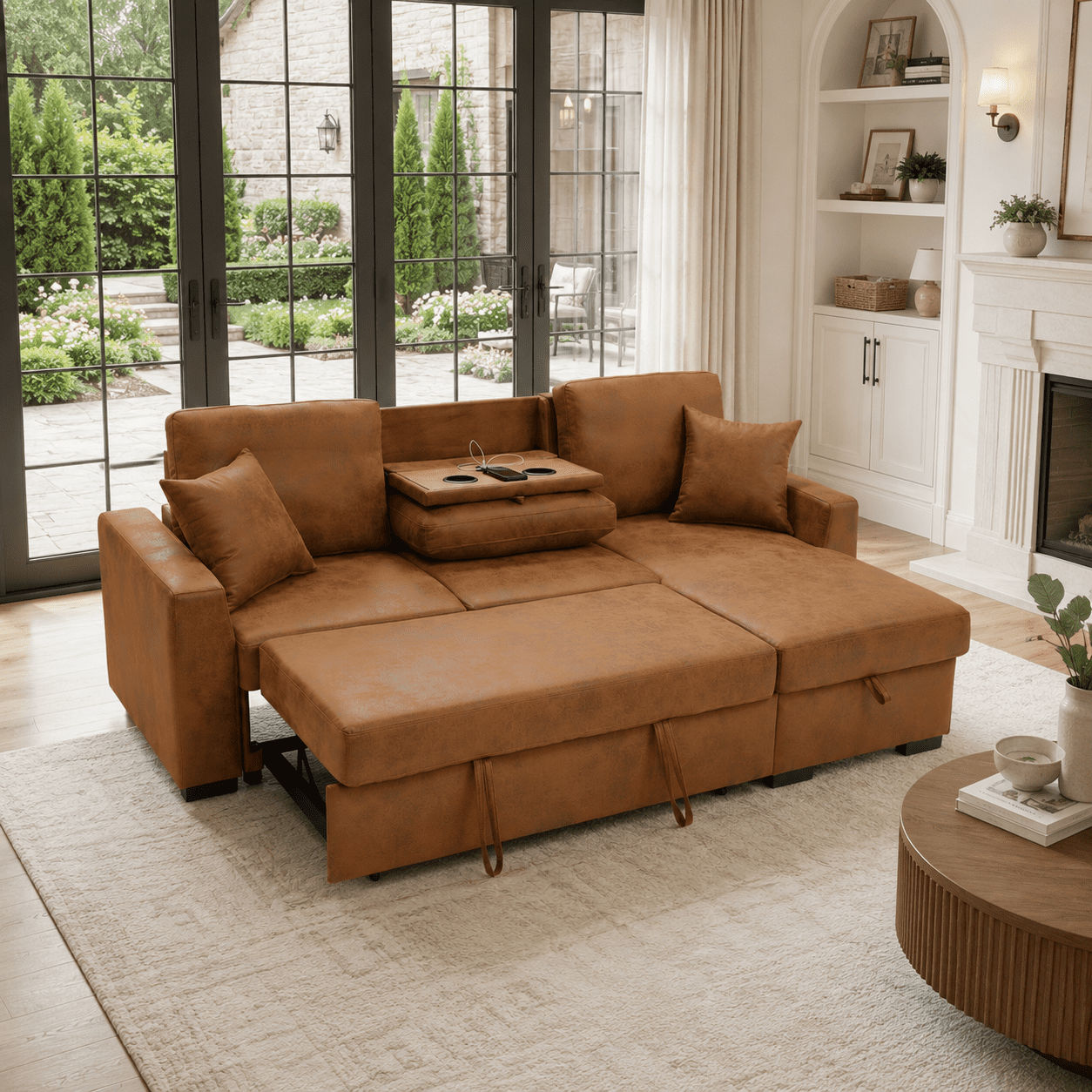 Howcool 94" Upholstered Sectional Sofa with Pull-Out Bed and Storage Chaise,Textured Fabric Sleeper Couch with USB Charger & Cup Holders for Living Room,Brown