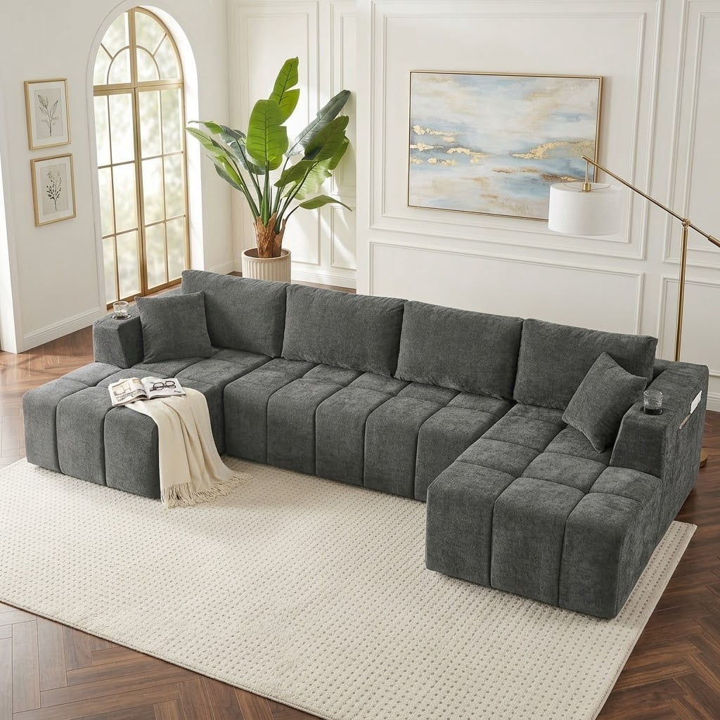 Howcool 132" U-Shaped Modular Cloud Couch, Oversized Deep Seat Chenille Sectional Sofa with Double Chaise, Boneless Comfy Couch with Cup Holders & Side Pockets, No Assembly Required,Dark grey
