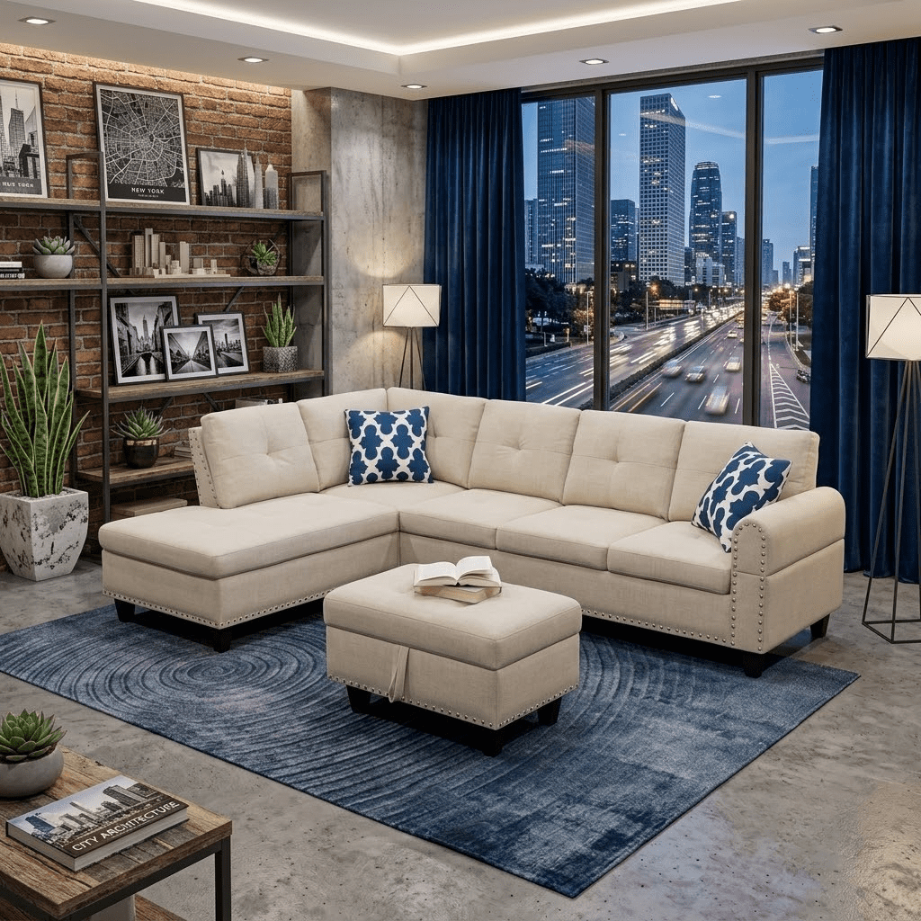 Howcool L Shaped Sectional Sofa, 4 Seater Couch with Chaise Lounge, Storage Ottoman, Cup Holders and Pillows, Modern Linen Fabric Couch for Living Room, Beige