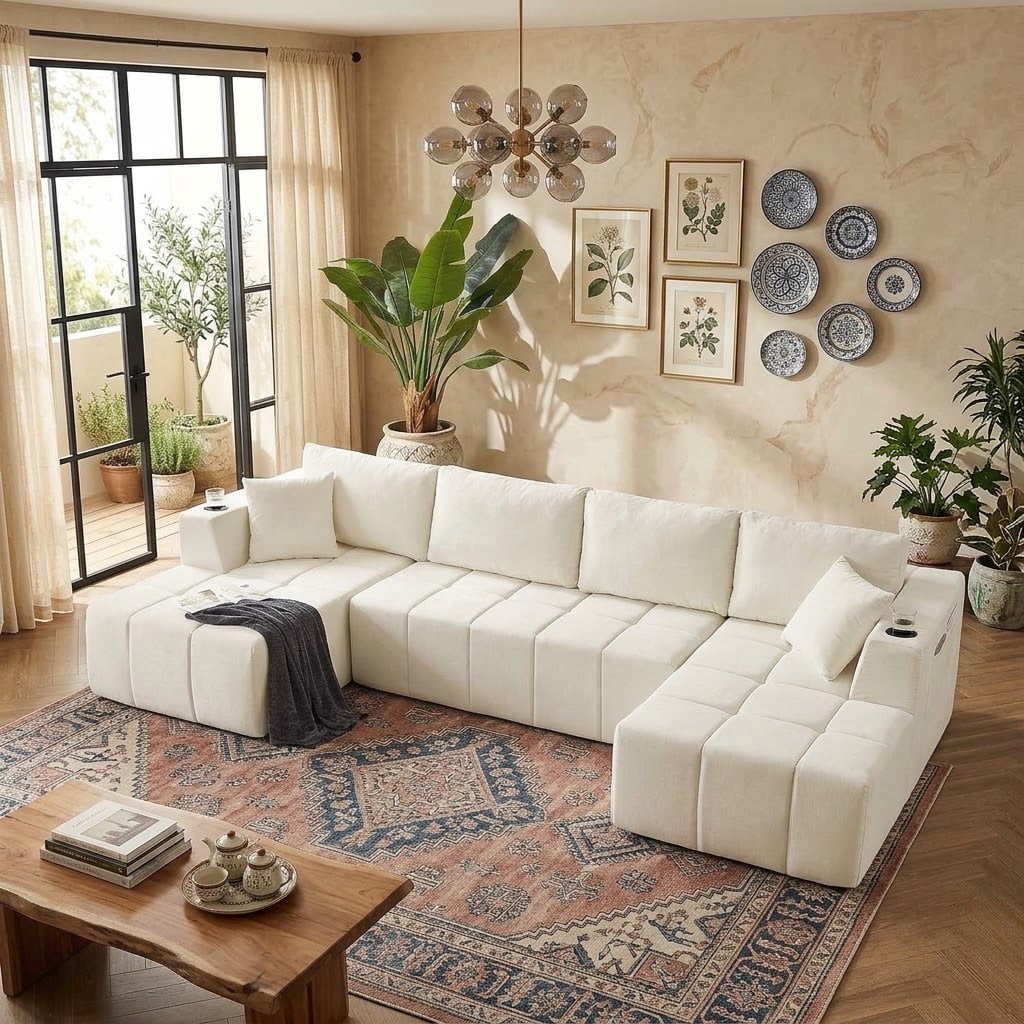 Howcool 132" U-Shaped Modular Cloud Couch, Oversized Deep Seat Chenille Sectional Sofa with Double Chaise, Boneless Comfy Couch with Cup Holders & Side Pockets, No Assembly Required,Beige
