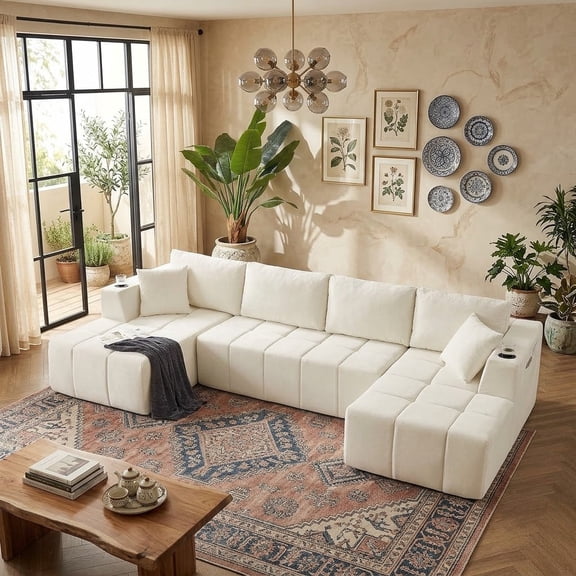 Howcool 132" U-Shaped Modular Cloud Couch, Oversized Deep Seat Chenille Sectional Sofa with Double Chaise, Boneless Comfy Couch with Cup Holders & Side Pockets, No Assembly Required,Beige