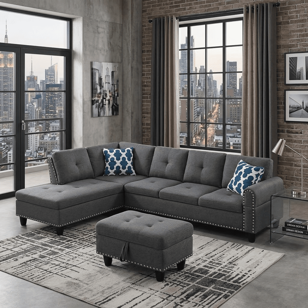 Howcool L Shaped Sectional Sofa, 4 Seater Modular Sectional Couch with Chaise Lounge, Storage Ottoman & 2 Cup Holders, Linen Sofa with Pillows for Living Room, Apartment, Dark Gray