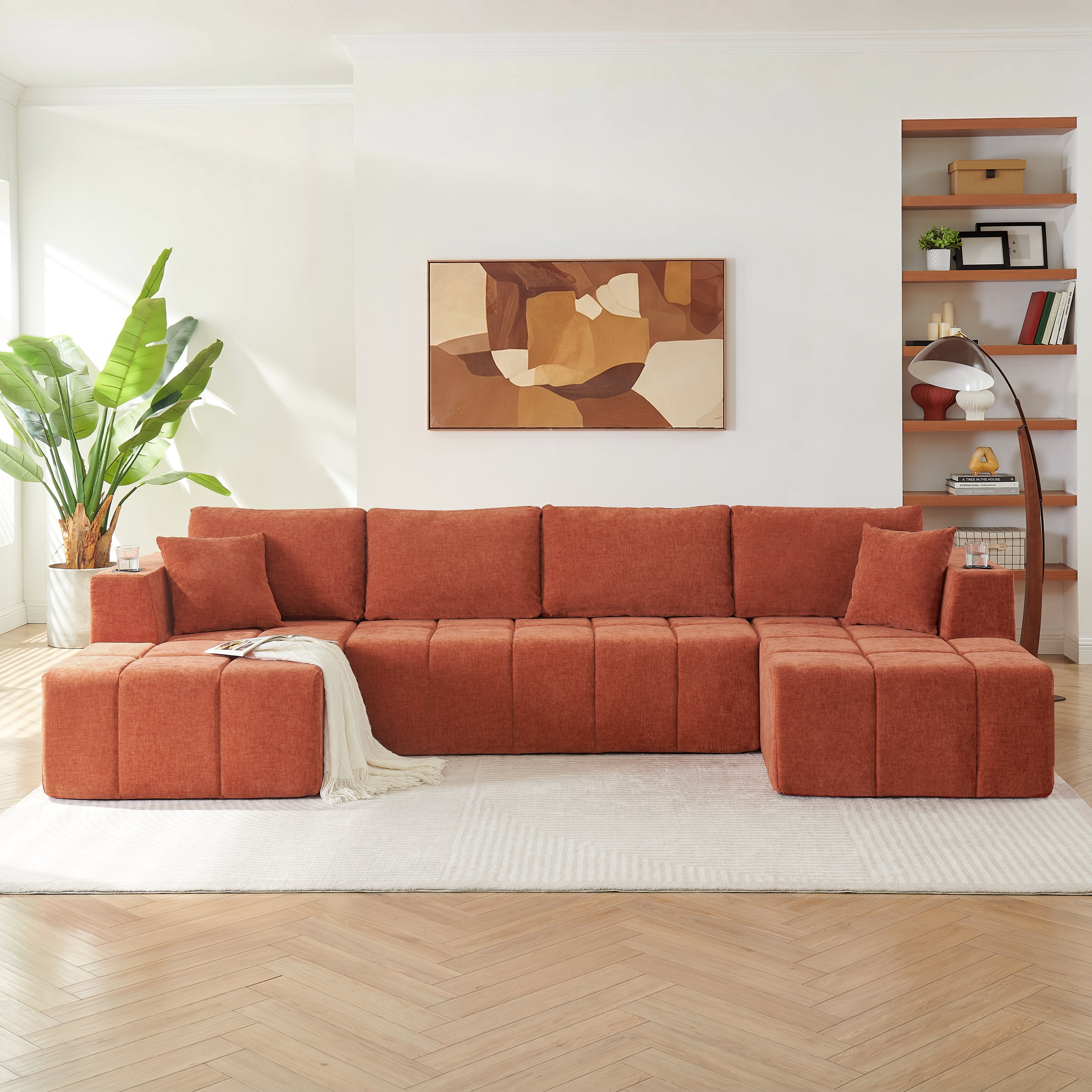 Howcool 132" U-Shaped Modular Cloud Couch, Oversized Deep Seat Chenille Sectional Sofa with Double Chaise, Boneless Comfy Couch with Cup Holders & Side Pockets, No Assembly Required,Orange