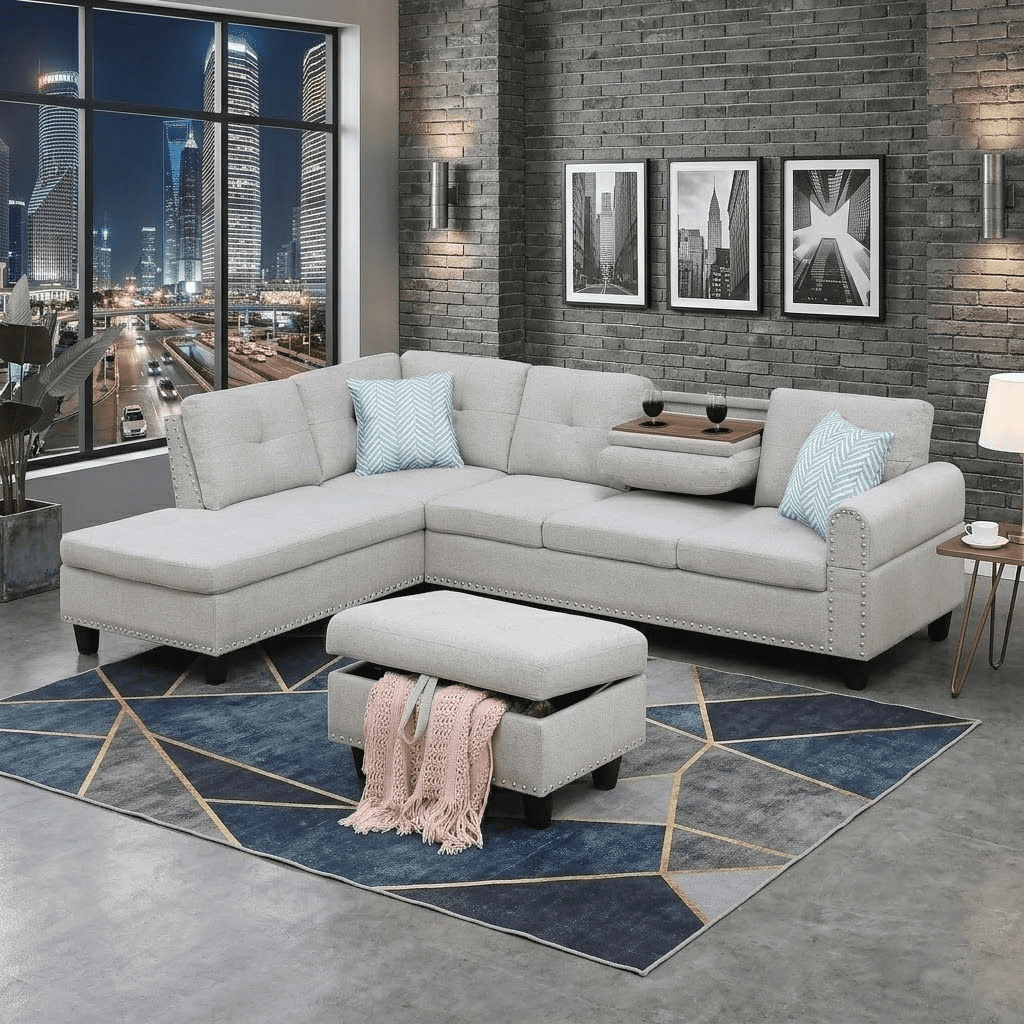 Howcool L Shaped Sectional Sofa, 4 Seater Couch with Chaise Lounge, Storage Ottoman, Cup Holders and Pillows, Modern Linen Fabric Couch for Living Room,Light Gray
