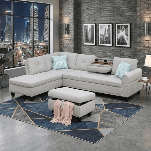 Howcool L Shaped Sectional Sofa, 4 Seater Couch with Chaise Lounge, Storage Ottoman, Cup Holders and Pillows, Modern Linen Fabric Couch for Living Room,Light Gray