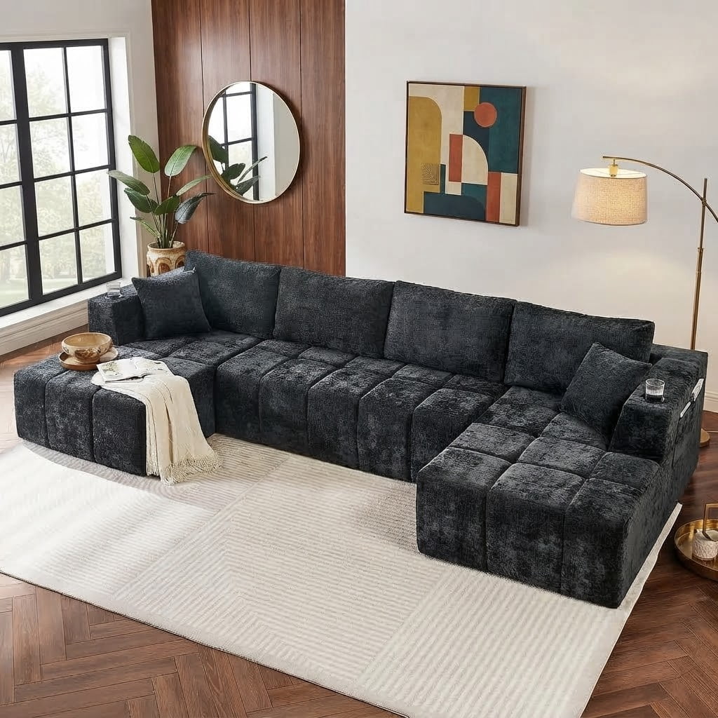 Howcool 132" U-Shaped Modular Cloud Couch, Oversized Deep Seat Chenille Sectional Sofa with Double Chaise, Boneless Comfy Couch with Cup Holders & Side Pockets, No Assembly Required, Black