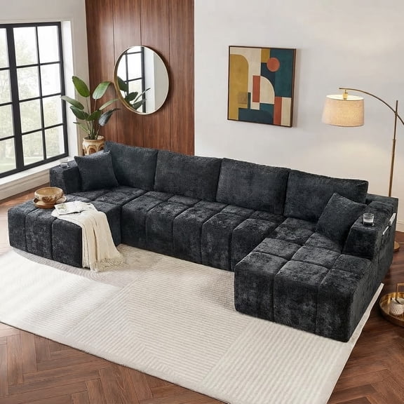 Howcool 132" U-Shaped Modular Cloud Couch, Oversized Deep Seat Chenille Sectional Sofa with Double Chaise, Boneless Comfy Couch with Cup Holders & Side Pockets, No Assembly Required, Black