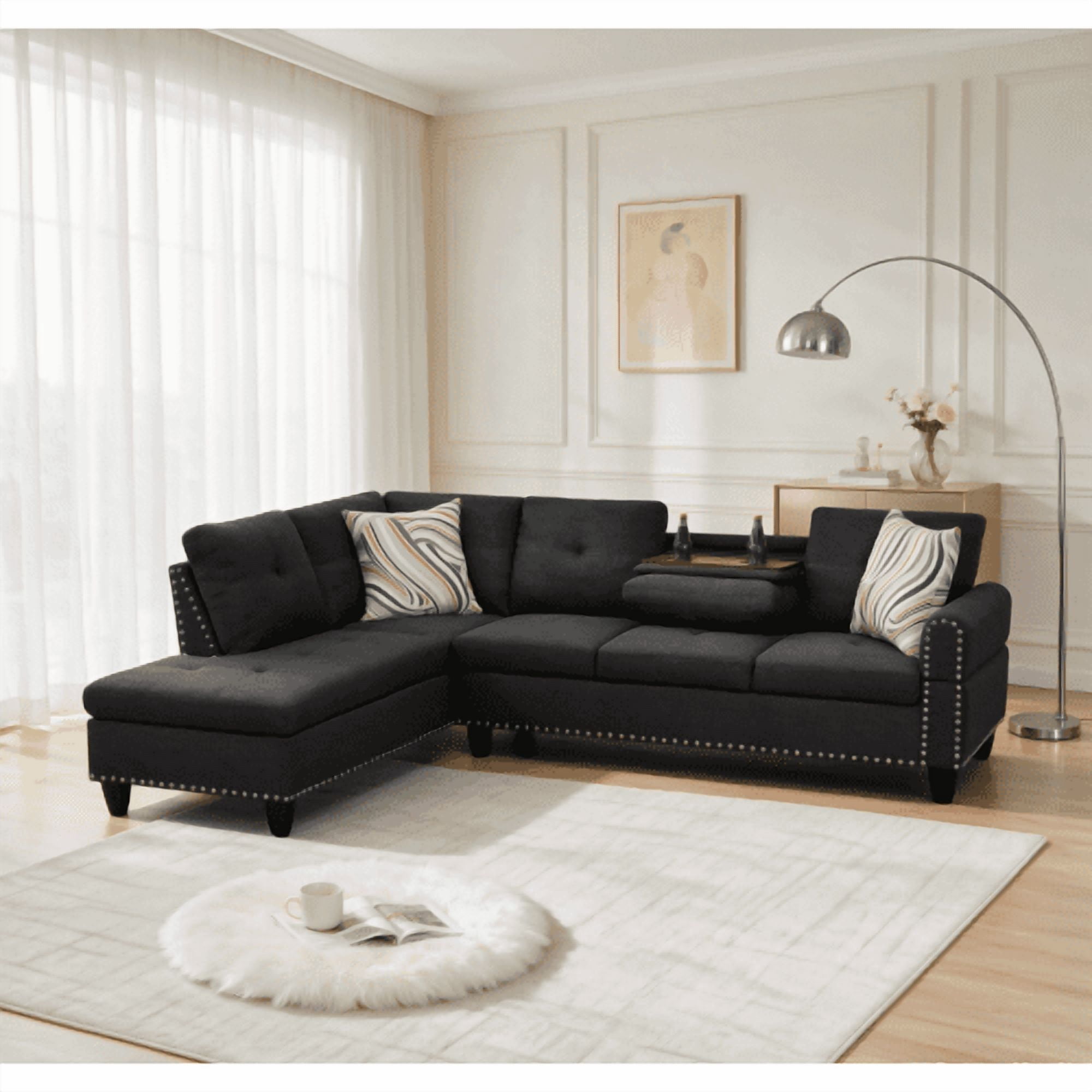 Howcool 98" Sectional Sofa, L-Shaped Couch with Left-Facing Chaise, Linen Fabric Modular Sectional Sofa for Living Room, Apartment & Small Space, Black