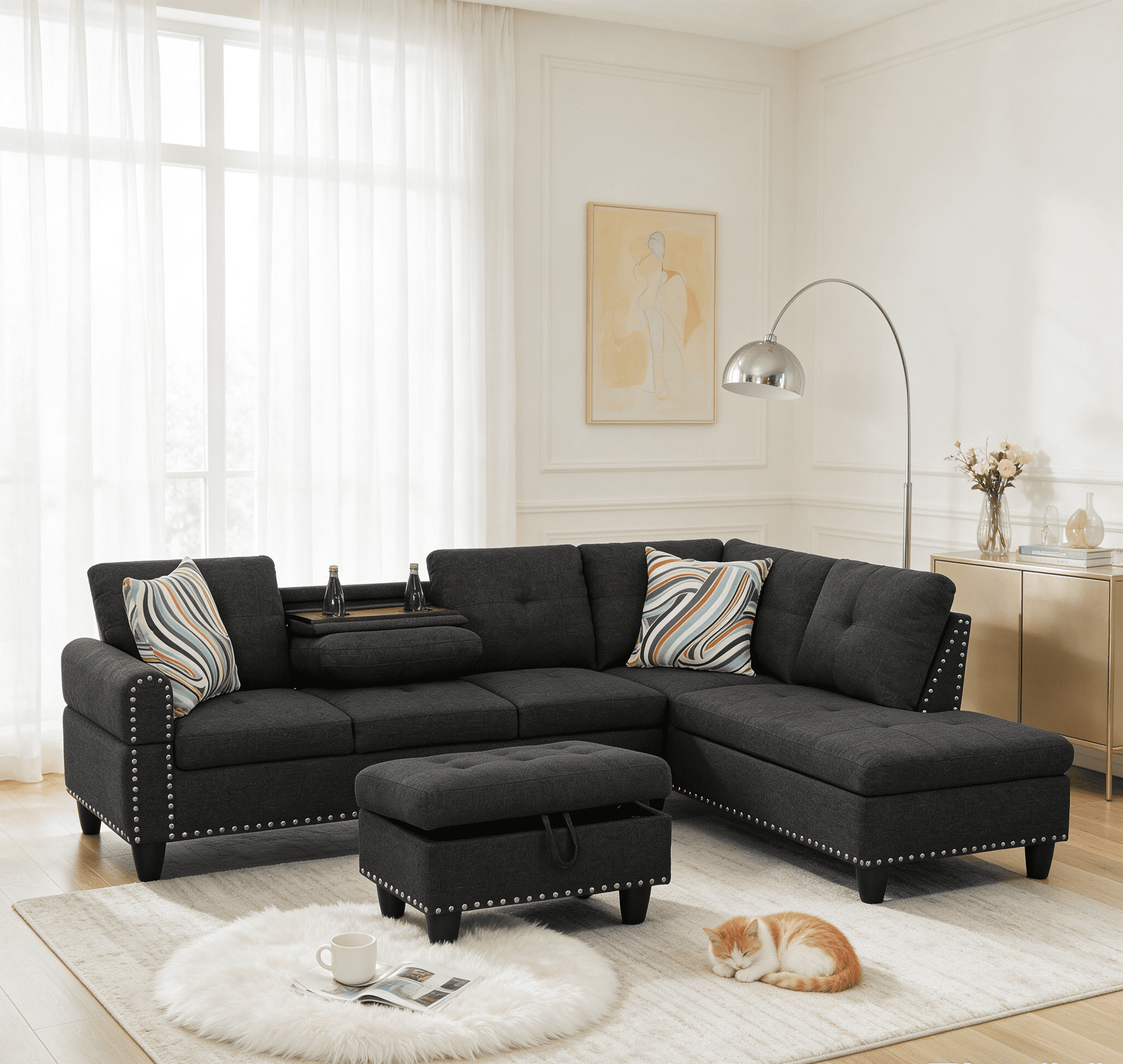 Howcool 98" Sectional Sofa, L-Shaped Couch with Storage Ottoman & Right-Facing Chaise, Linen Fabric Modular Sectional Sofa for Living Room, Apartment & Small Space, Black Gray