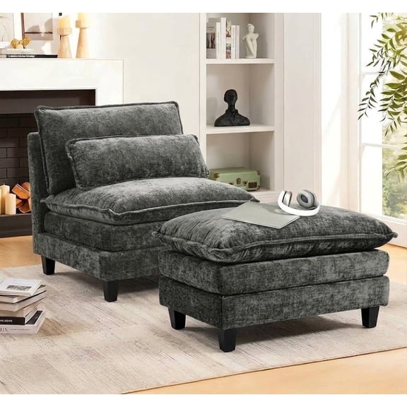 Howcool Accent Chair with Ottoman Set, Armless Lounge Chair, Chenille Upholstered Reading Chair for Living Room, Bedroom,Grey