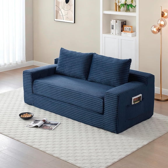 73" 2-in-1 Convertible Sofa Bed, Memory Foam Corduroy Loveseat, No Assembly, Blue