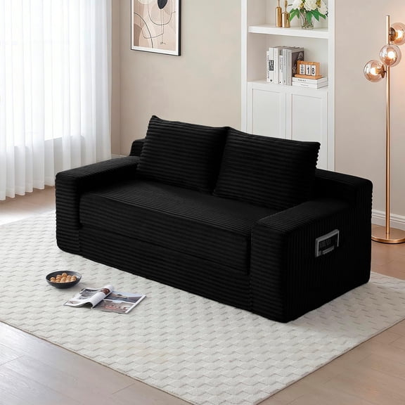 73" 2-in-1 Convertible Sofa Bed, Memory Foam Corduroy Loveseat, No Assembly, Black