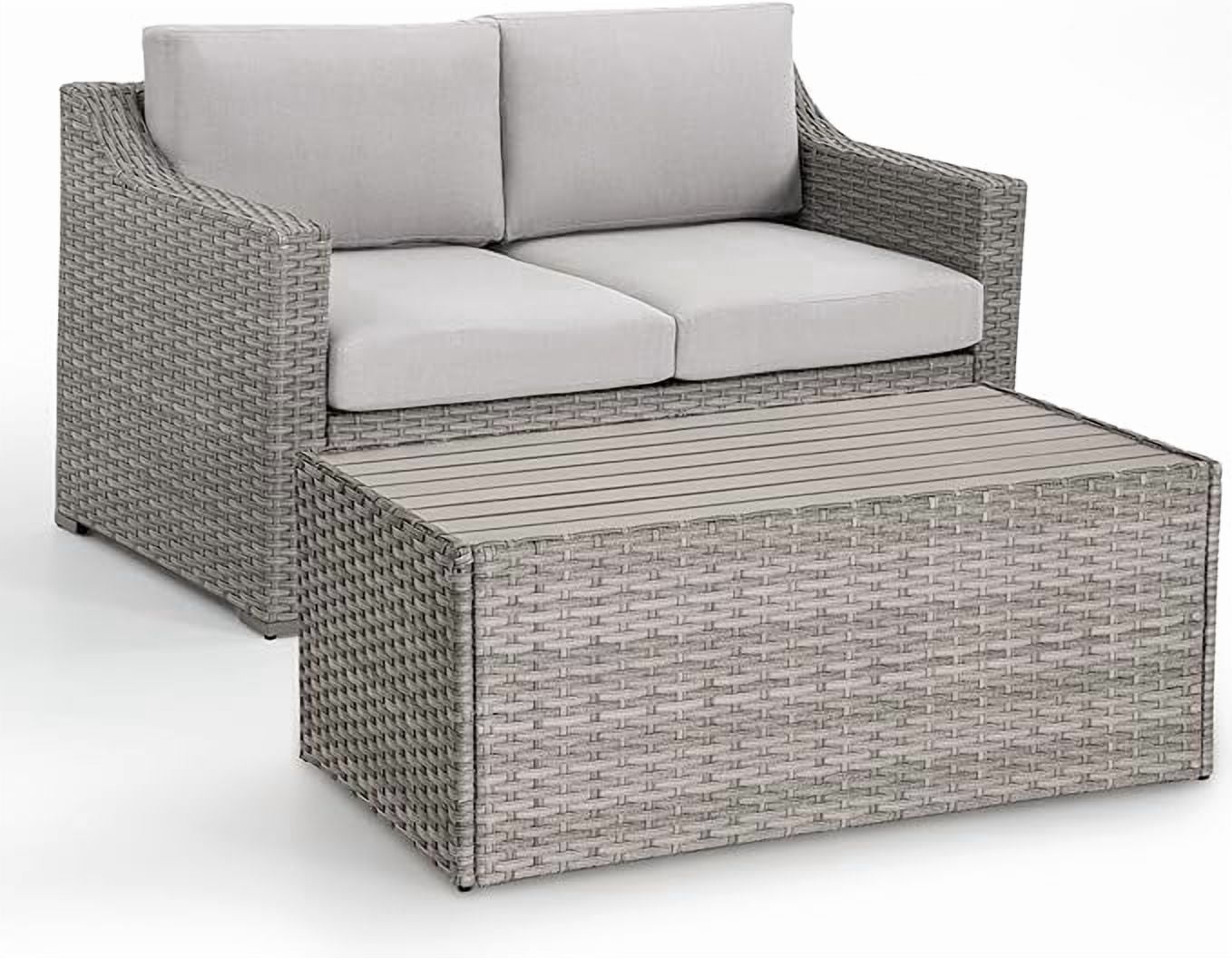 Howcool All-Weather PE Wicker Outdoor Loveseat and Coffee Table Set, 2-Piece Patio Conversation Furniture with 4-inch Thick Cushions