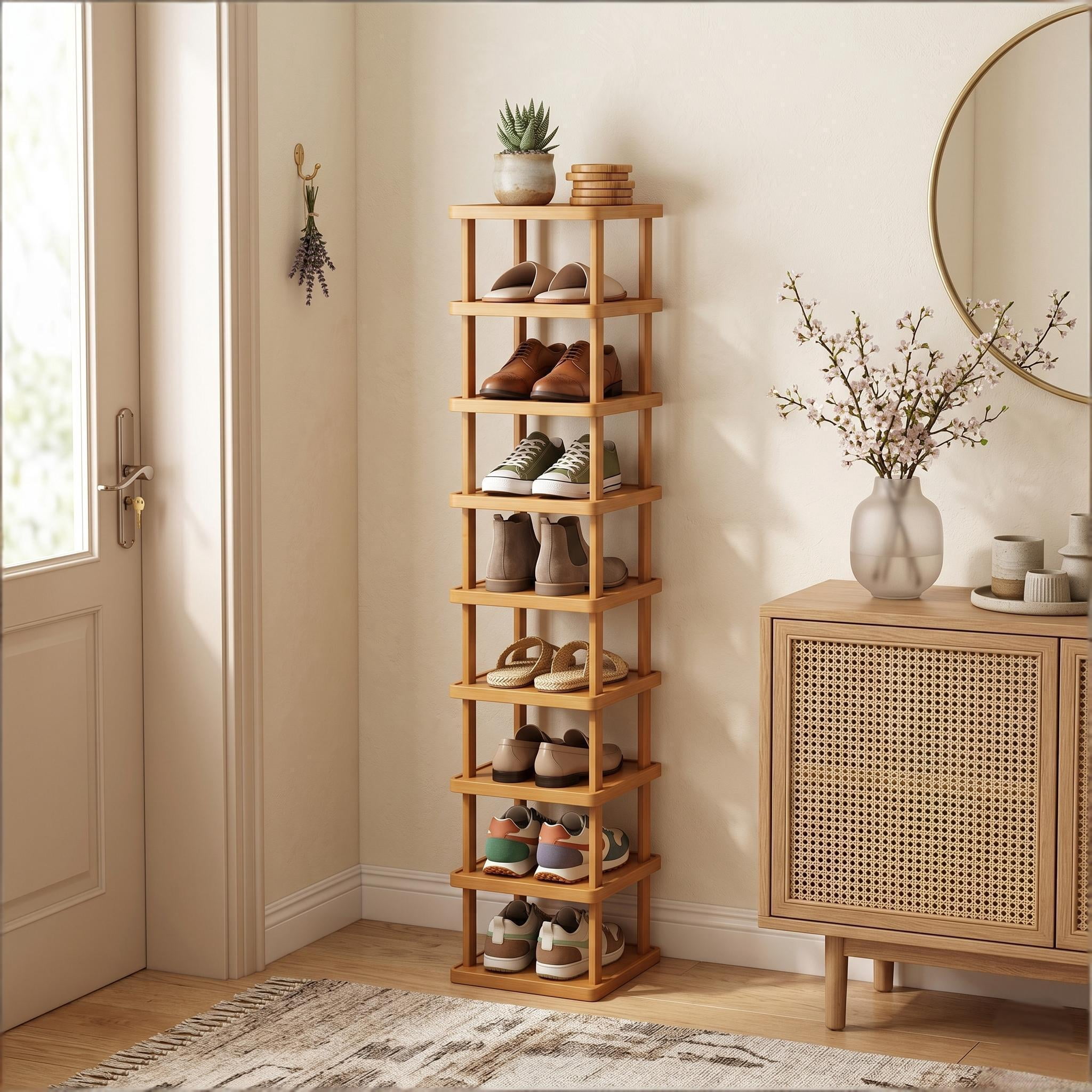 Howcool Bamboo Storage Rack, 9 Tier Expandable Foldable Shelf, Easy Assembly, Entryway Bedroom Organizer