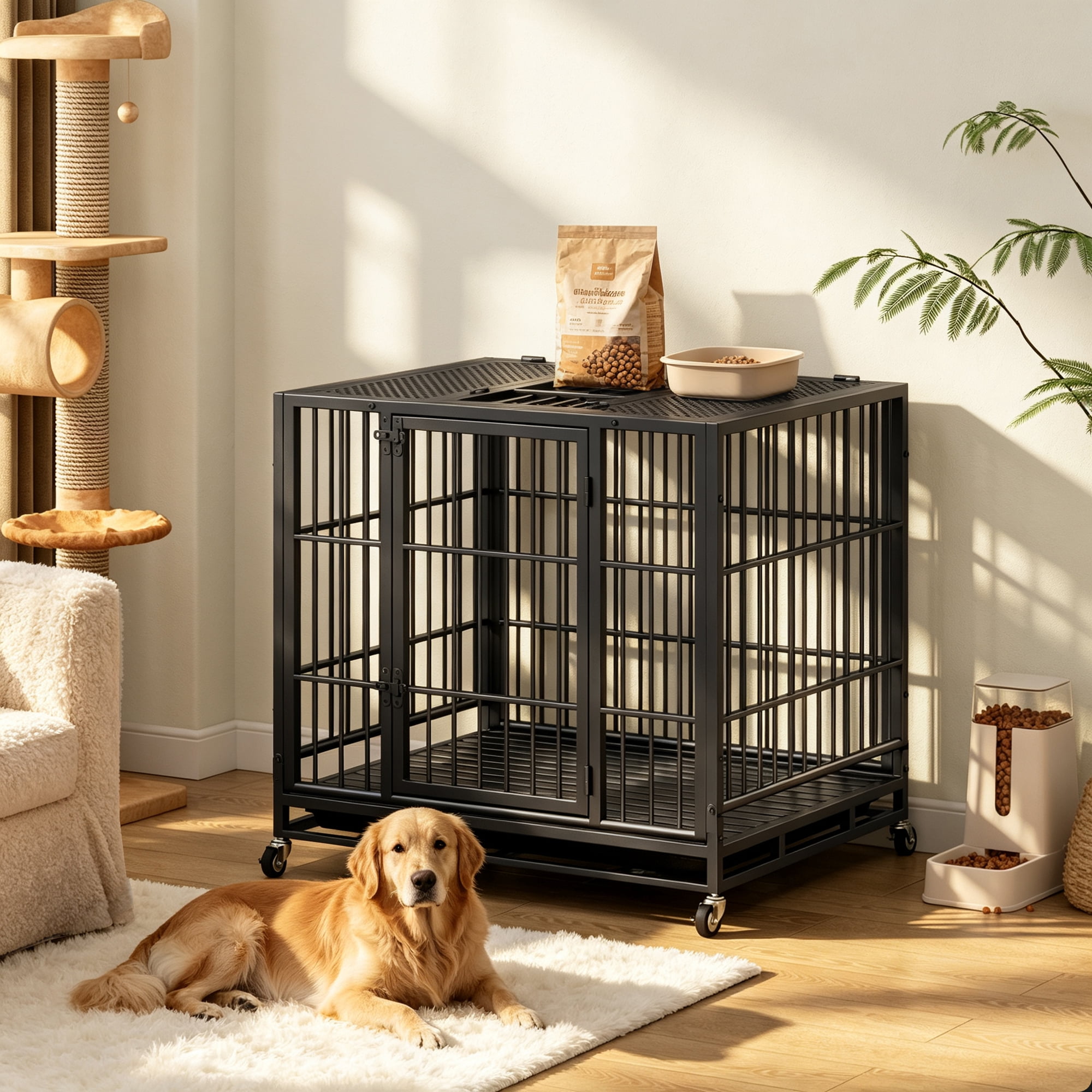 37" Heavy Duty Dog Crate Furniture with Rotary Twist-Latch & Lockable Wheels