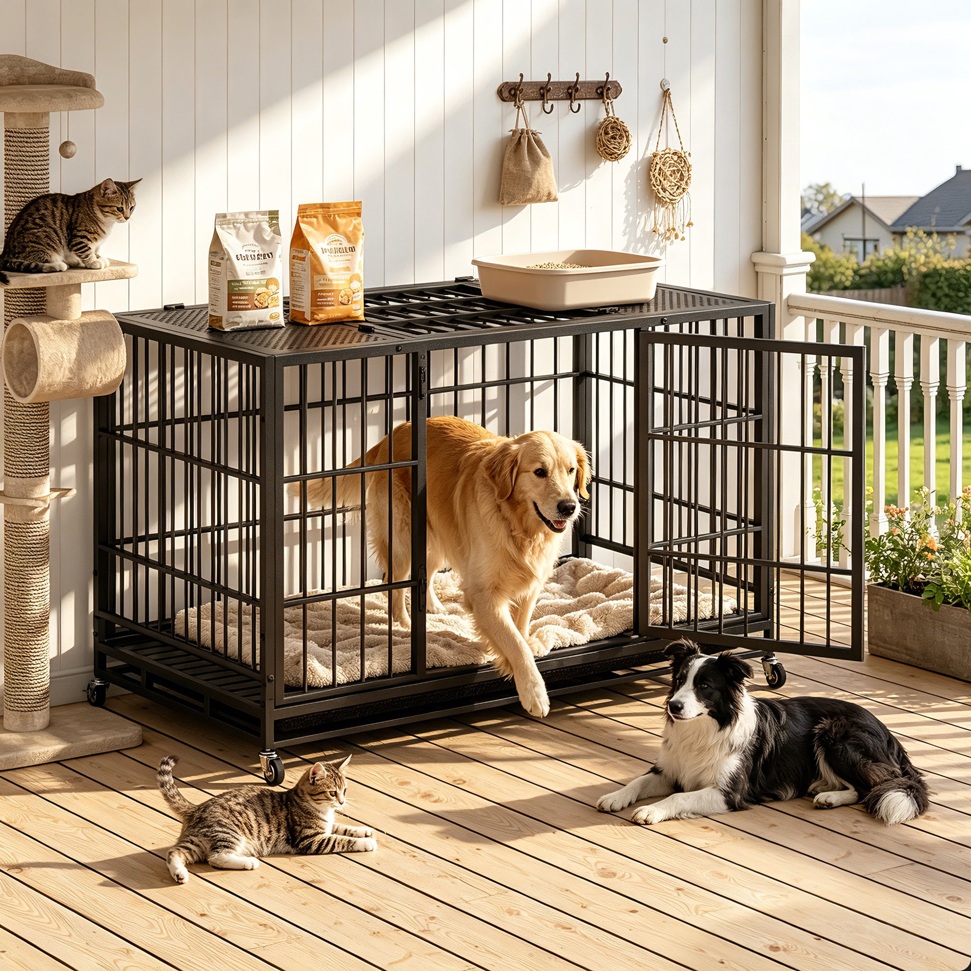 47" Heavy Duty Dog Crate Furniture with Rotary Twist-Latch & Lockable Wheels