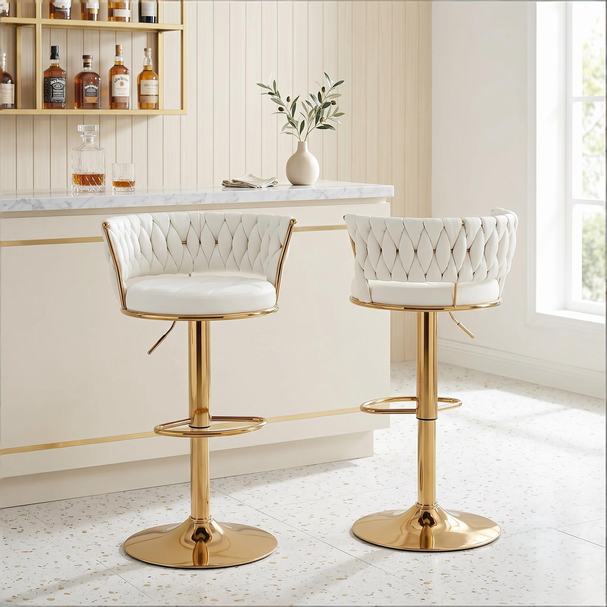 Howcool Velvet Swivel Bar Stools Set of 2 with Back and Arms, Adjustable Counter Height Kitchen Island Chairs with Gold Metal Legs & Base for Home Bar Dining Room