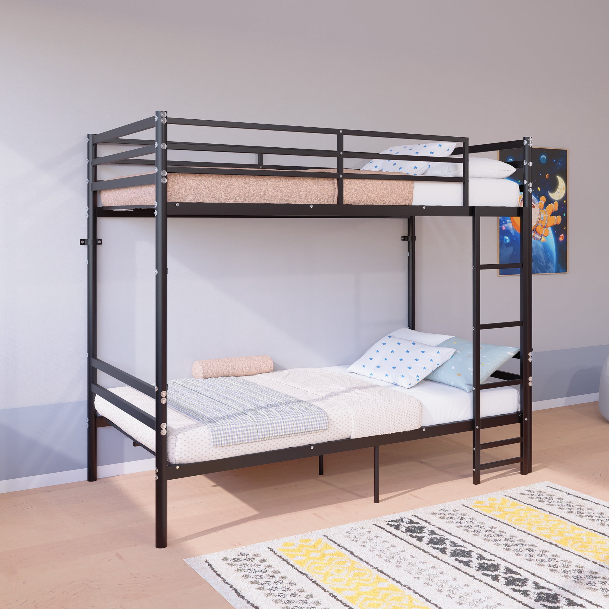 Twin Over Twin Metal Bunk Bed with High Guardrail & Ladder, Noise Free with Storage Space