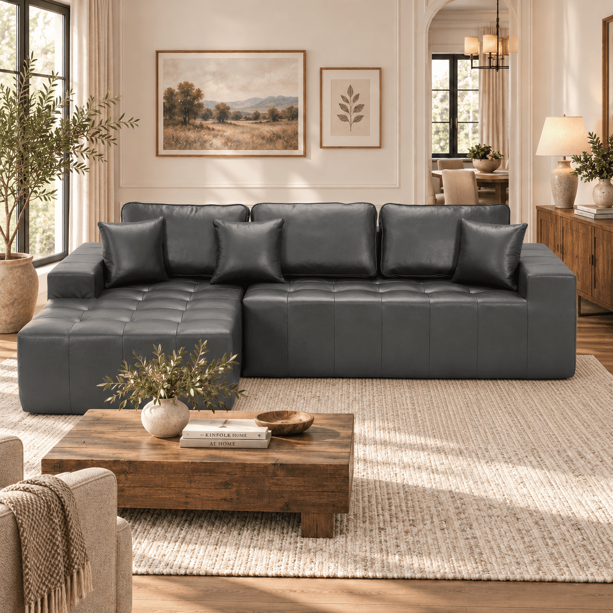 Howcool Boneless Cloud Sectional Sofa with Chaise,Faux Leather L-Shaped Couch,Deep Seat Modular Sofa with Wide Armrests,No Assembly Required,Left-Facing,Black Gray